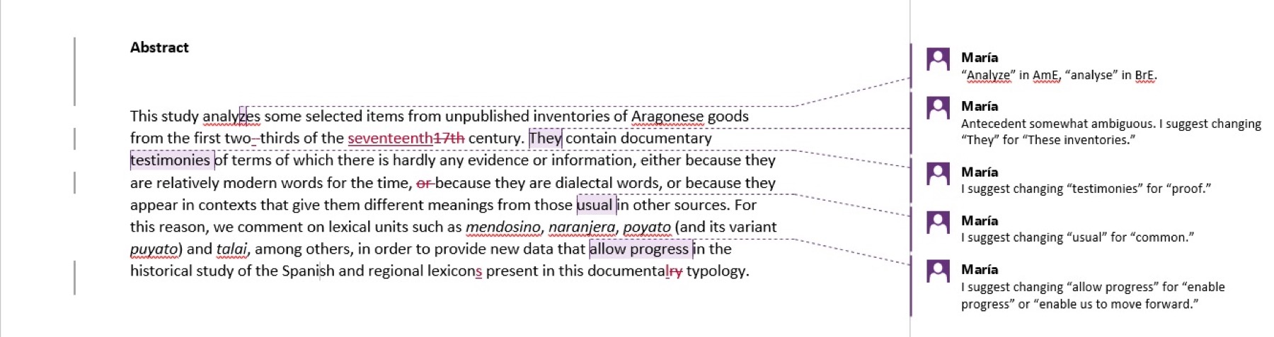 Anonymised linguistics abstract with editorial comments