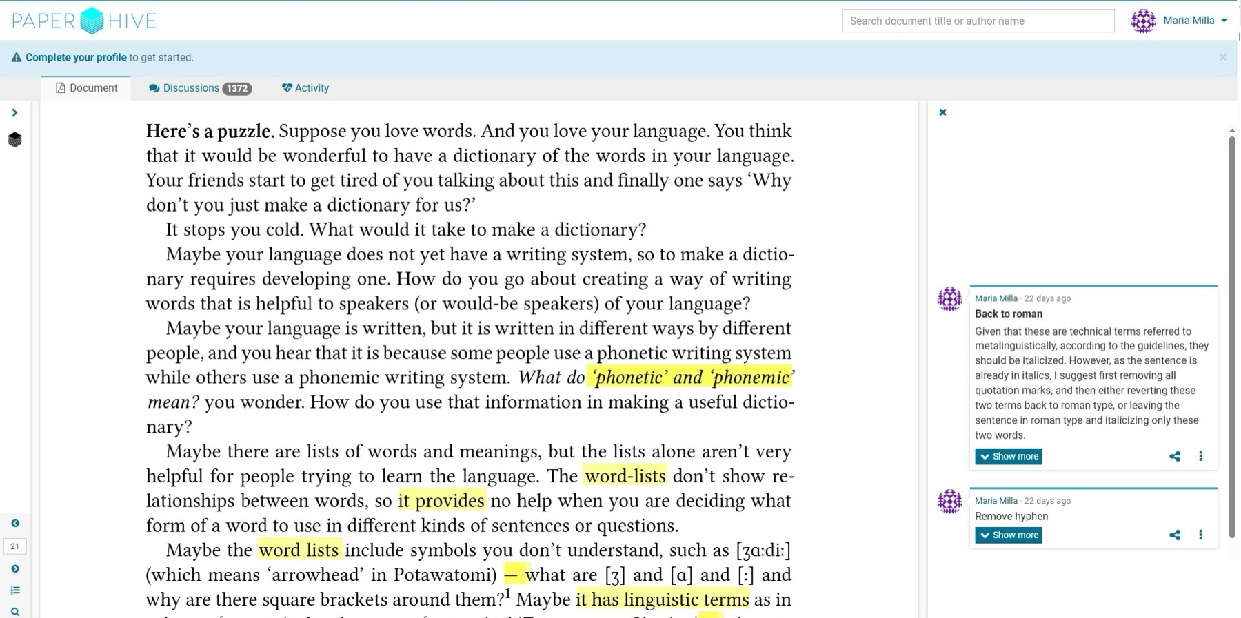 Anonymised language documentation chapter with editor comments