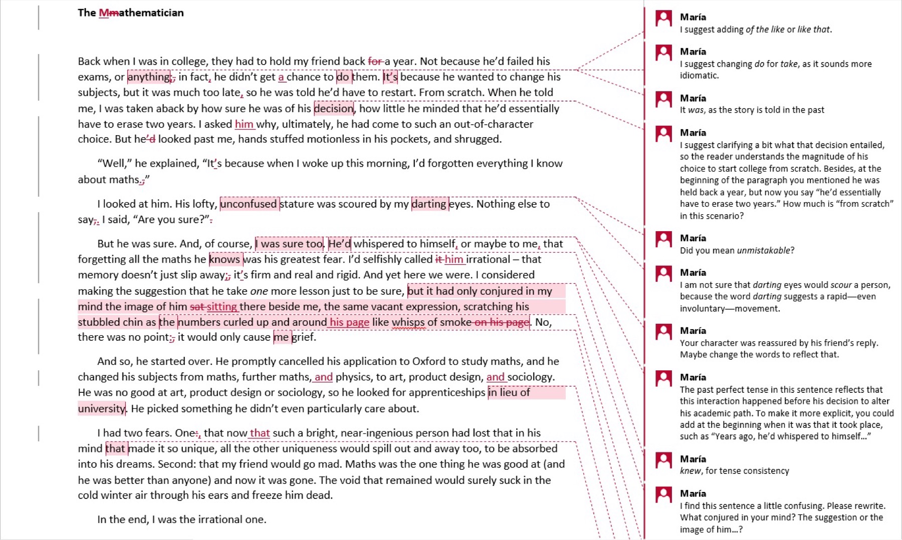 Anonymised literary short story with tracked editing